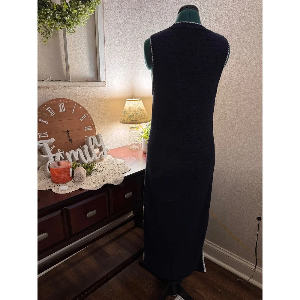 Abercrombie & Fitch Navy Knit Maxi Dress L White Contrast Trim Side Slits